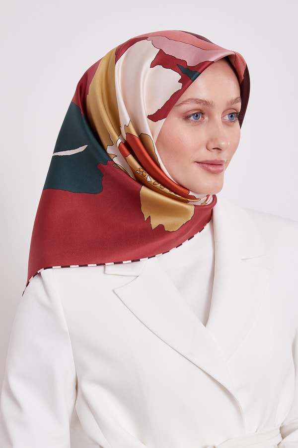 Bordo Çizim Çiçek Desen Twill İpek Eşarp