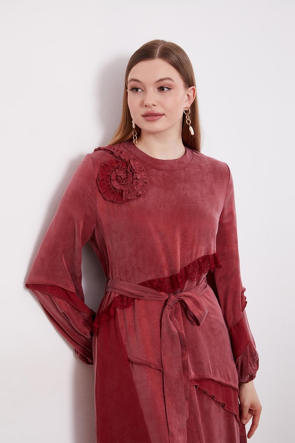 Bordo Dantel Şeritli Cupra Elbise