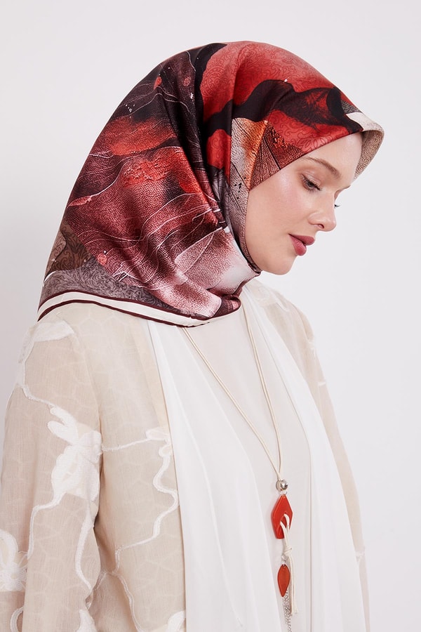 Bordo Soyut Ebruli Desen Twill İpek Eşarp