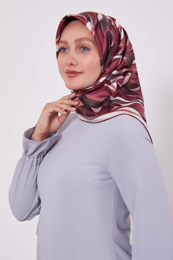 Bordo Ebruli Desen Twill İpek Eşarp