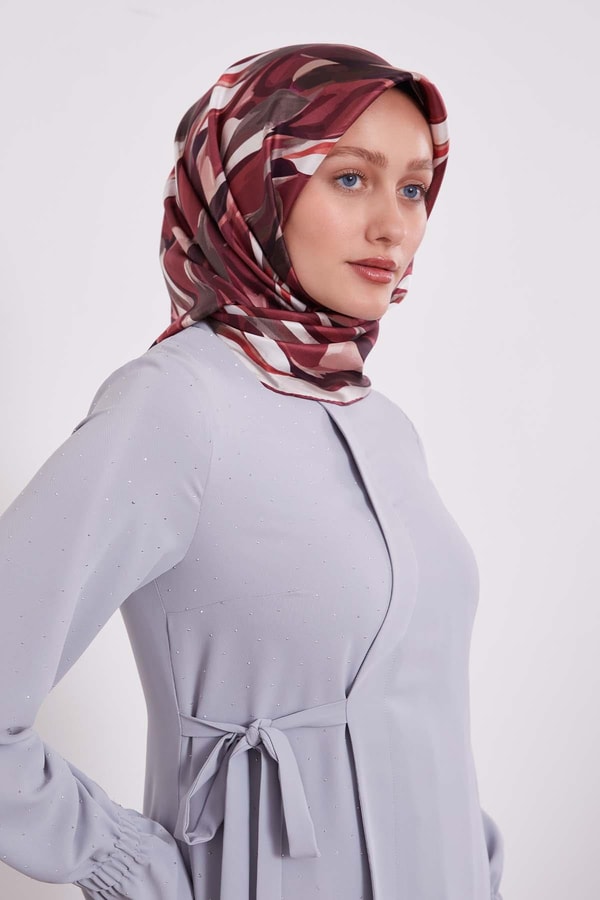 Bordo Ebruli Desen Twill İpek Eşarp