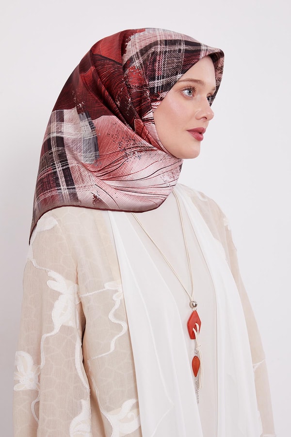 Bordo İnce Çizgi Desen Twill İpek Eşarp