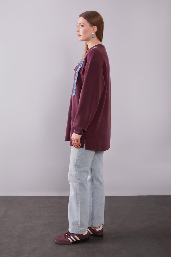 Bordo Kot Şerit Detaylı Sweat