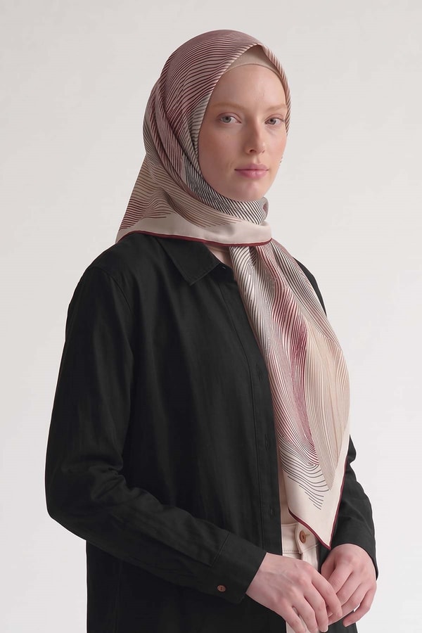Bordo Sarmal Çizgili Twill İpek Eşarp
