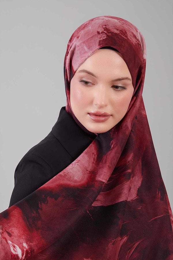 Bordo Soyut Desen Yün İpek Şal