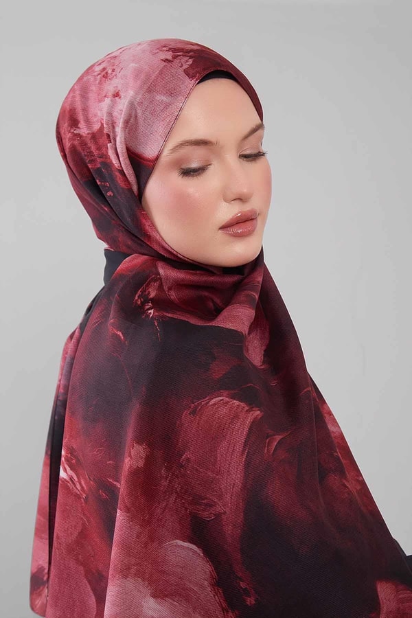 Bordo Soyut Desen Yün İpek Şal