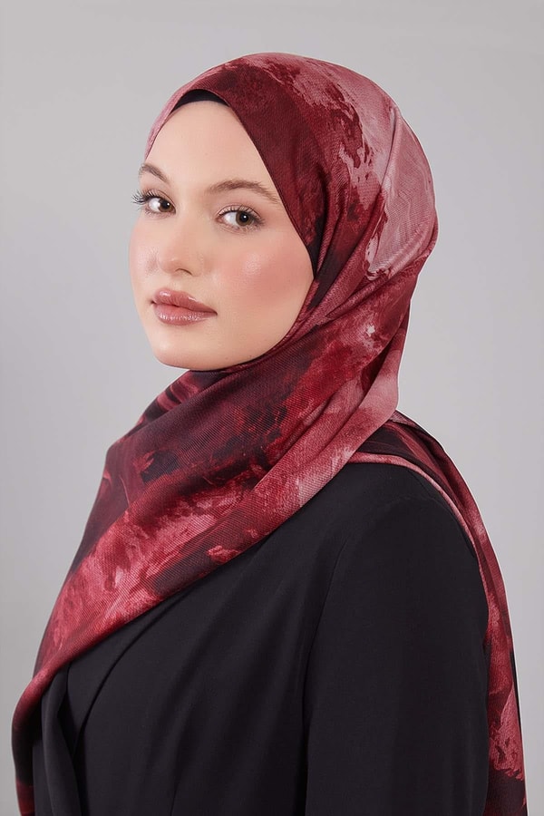 Bordo Soyut Desen Yün İpek Şal