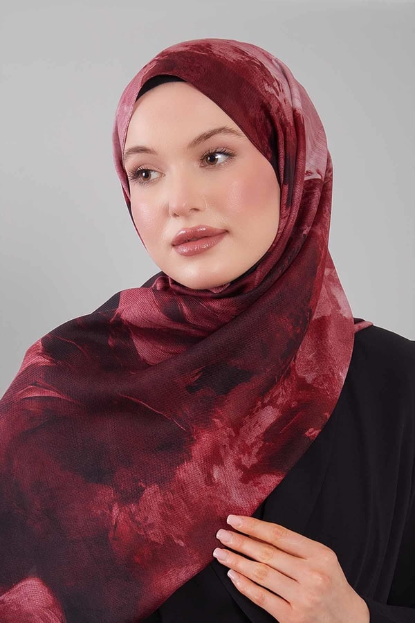 Bordo Soyut Desen Yün İpek Şal