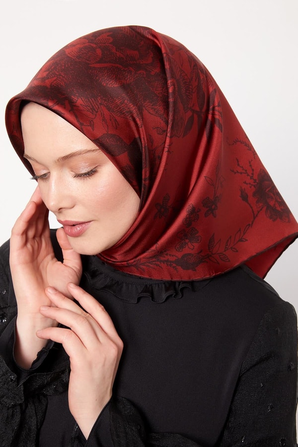 Bordo Soyut Gül Desen Twill İpek Eşarp