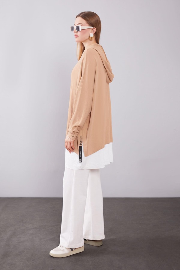 Çift Renkli Şapkalı Tunik Camel