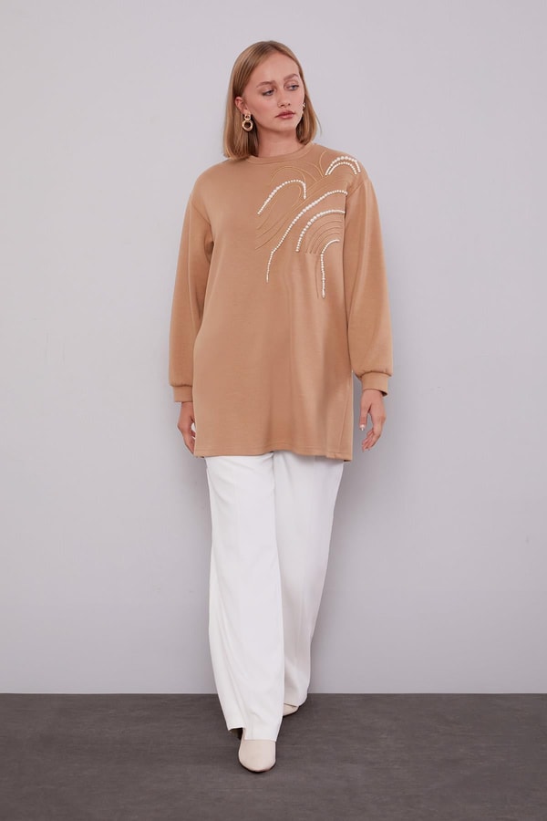 Camel İnci Detaylı Sweatshirt