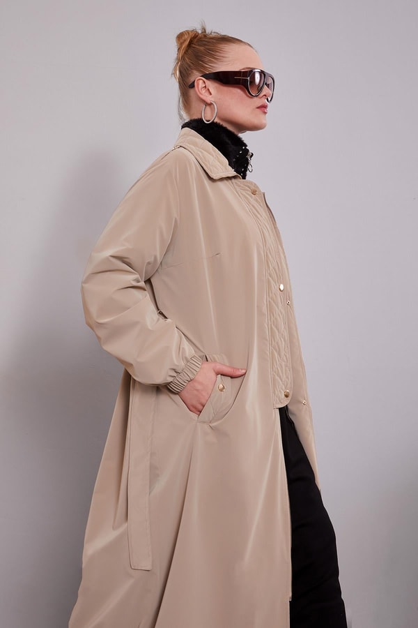 Camel Kapitone Detaylı Trençkot