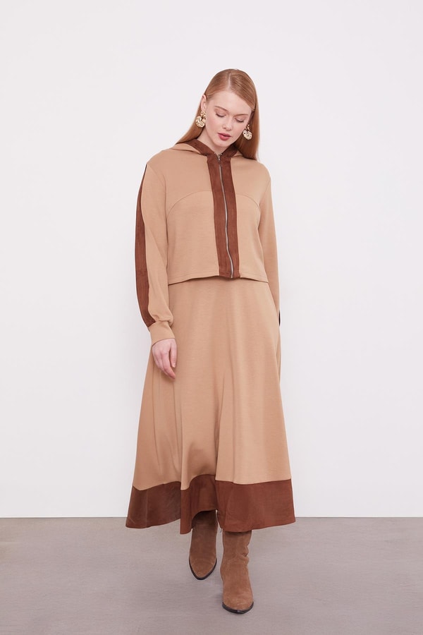 Camel Kısa Hırkalı Fermuar Kapamalı Etek Takım