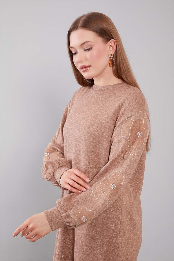 Camel Kol Çiçek Detaylı Tunik