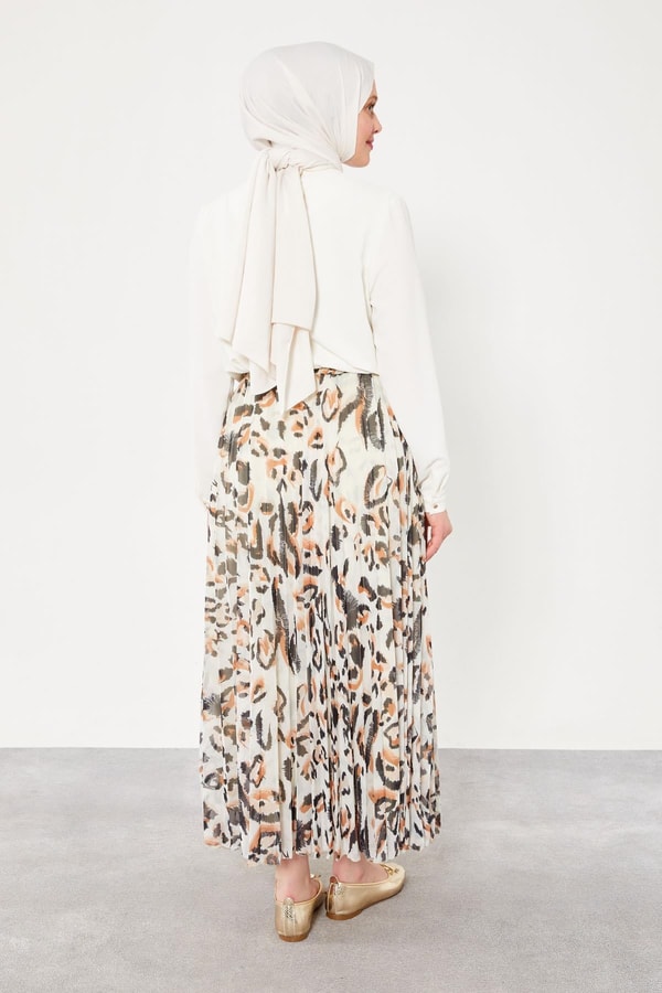 Camel Leopar Desenli Pileli Etek