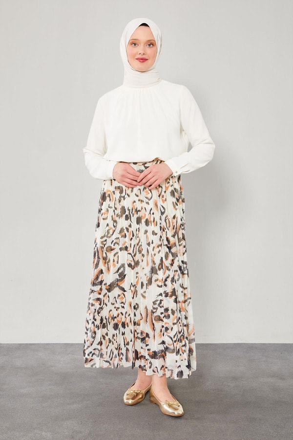 Camel Leopar Desenli Pileli Etek