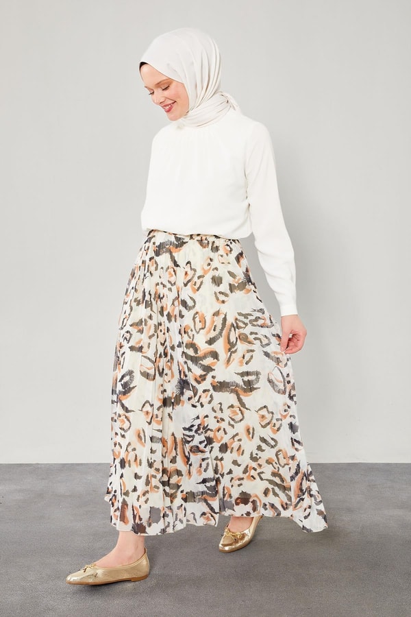 Camel Leopar Desenli Pileli Etek