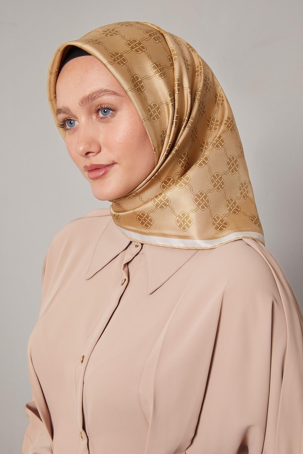 Camel Mini Yonca Desen Twill İpek Eşarp