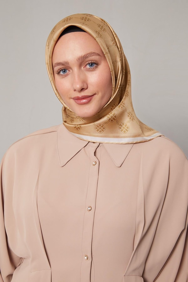 Camel Mini Yonca Desen Twill İpek Eşarp