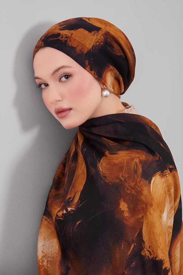 Camel Soyut Desen Yün İpek Şal