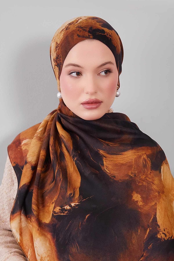 Camel Soyut Desen Yün İpek Şal