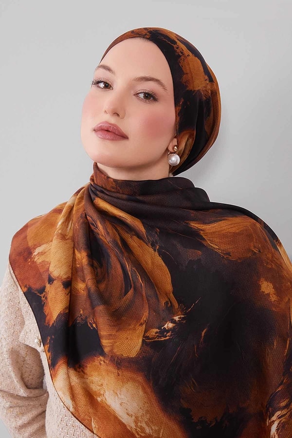 Camel Soyut Desen Yün İpek Şal