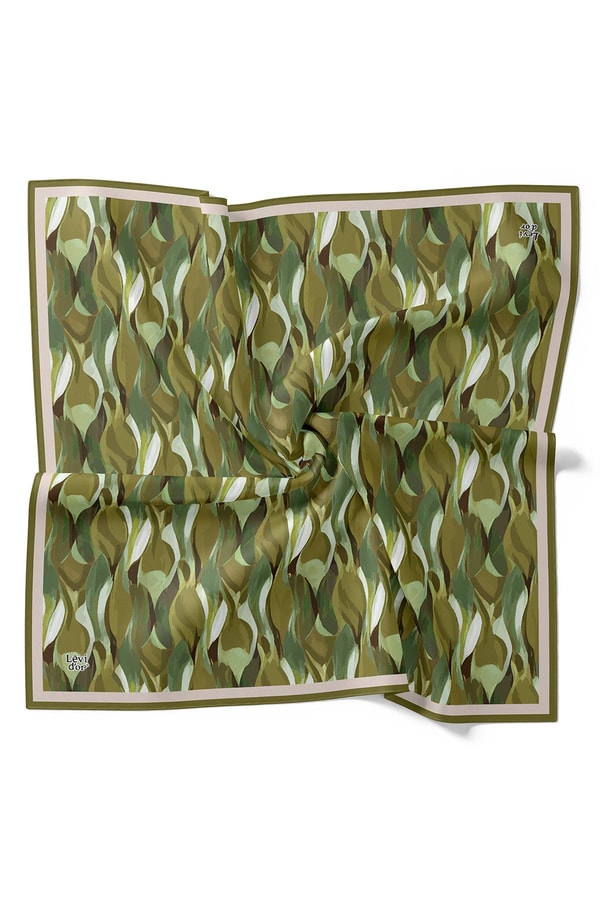 Çimen Yeşili Ebruli Desen Twill İpek Eşarp