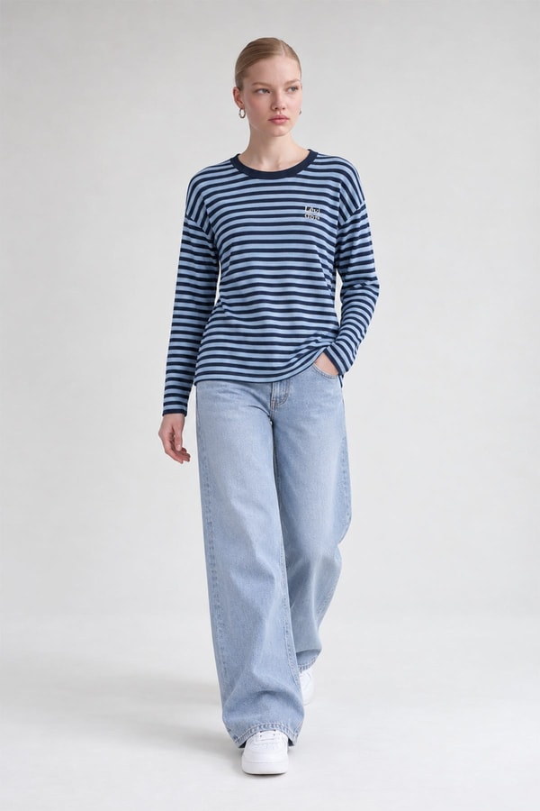 Çizgili Sweatshirt Açık Mavi