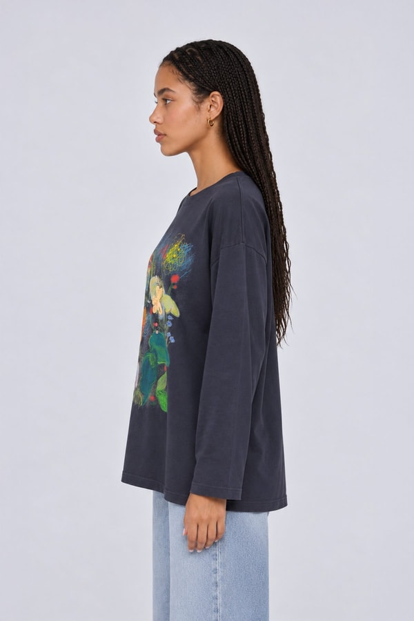 Desenli Düşük Omuz Sweatshirt İndigo