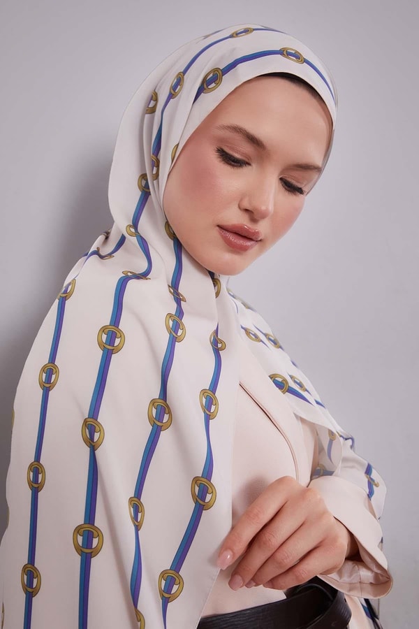 Ekru Çizgili Halka Desen Club Şal