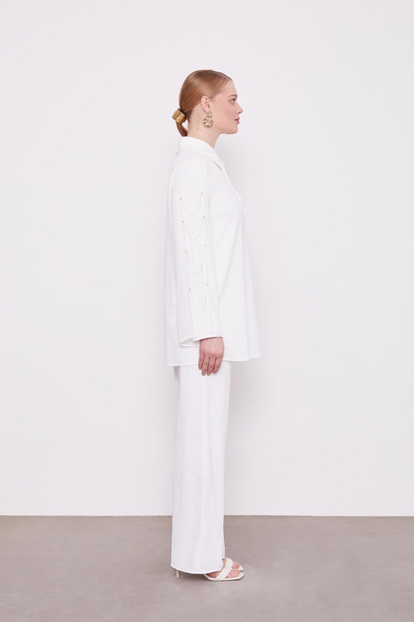 Ekru Kolları Zincir Pencere Detaylı İkili Takım