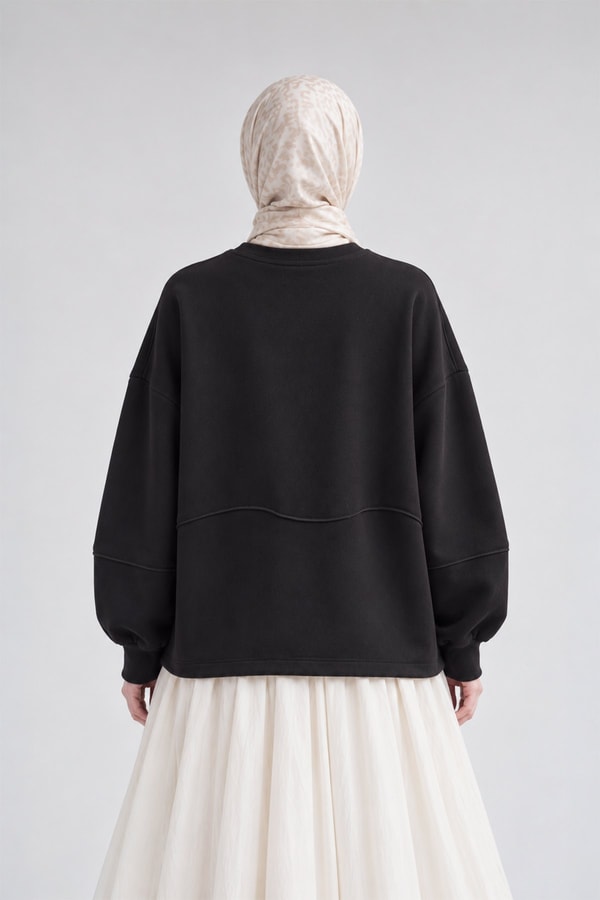 Eteği Büzgülü Katmanlı Sweatshirt Siyah