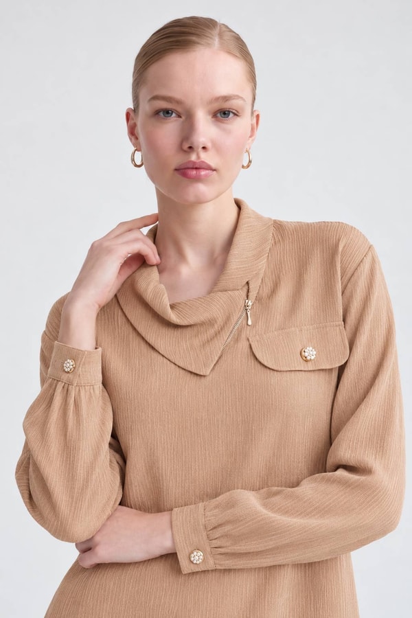Fermuar Detaylı Tunik Takım Camel