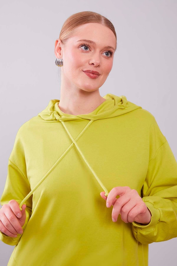 Fıstık Yeşili Kapüşonlu Gizli Cepli Uzun Sweat