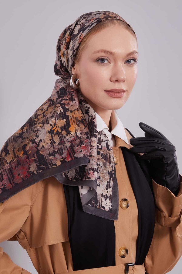 Füme Çiçekli Soyut Desen Twill İpek Eşarp