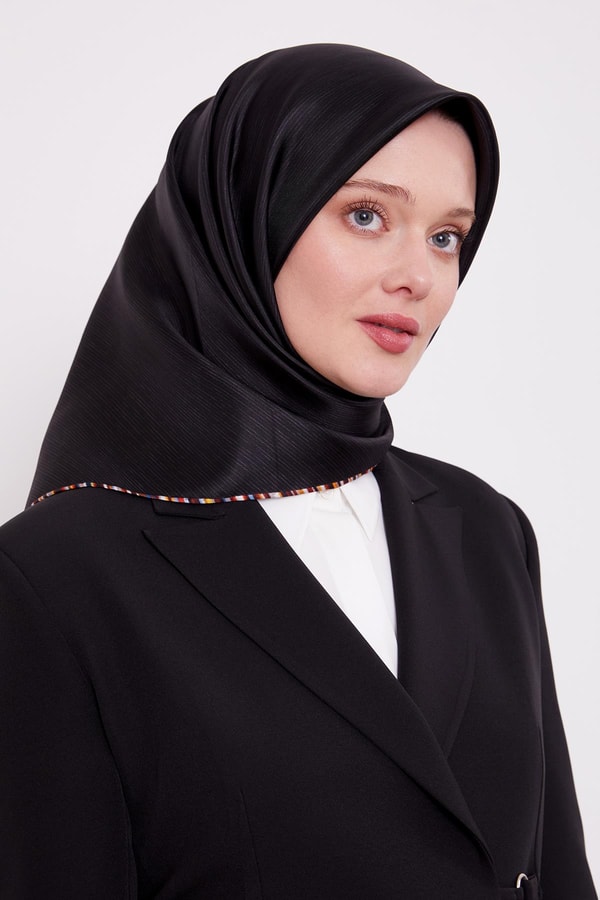 Çizgili Twill İpek Eşarp Füme