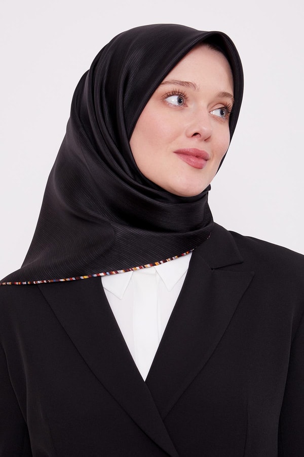 Çizgili Twill İpek Eşarp Füme