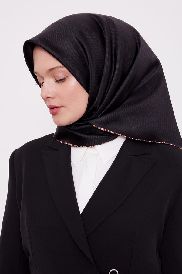 Çizgili Twill İpek Eşarp Füme