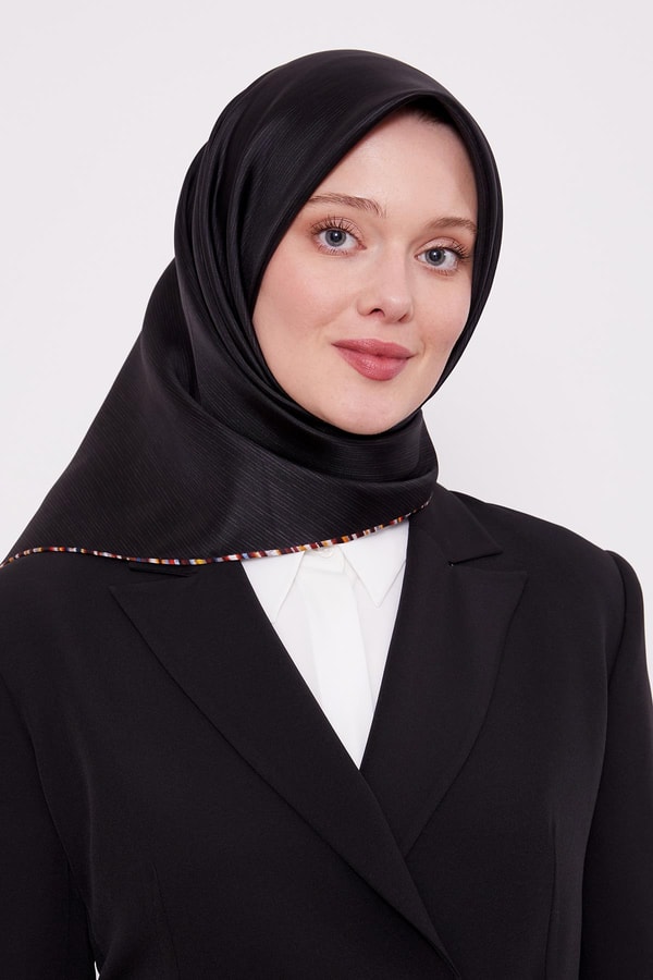 Çizgili Twill İpek Eşarp Füme