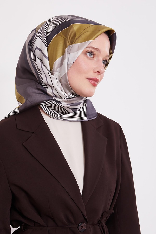 Füme Labirent Desen Twill İpek Eşarp