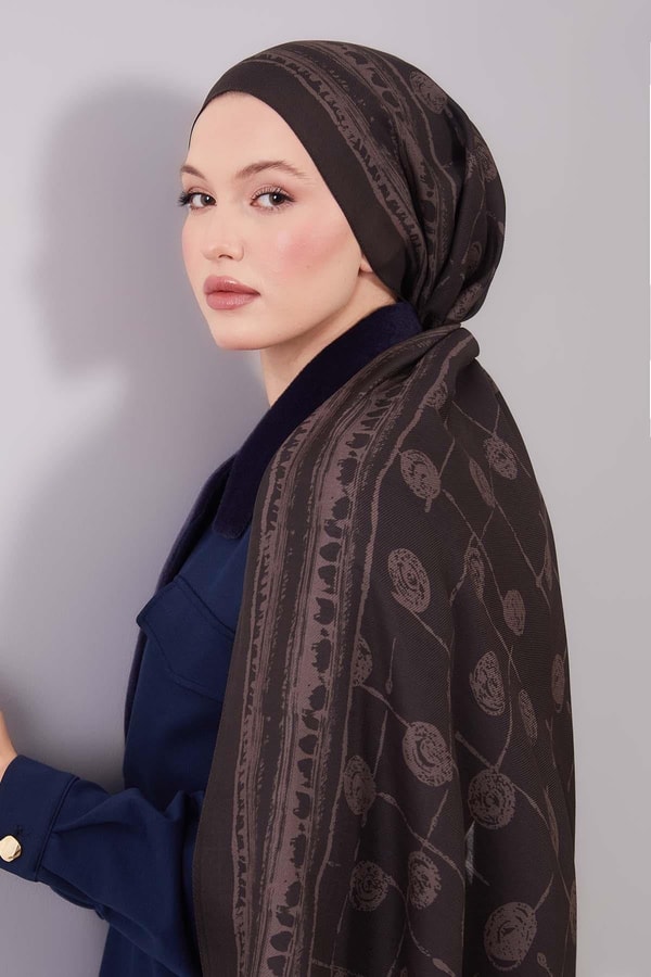 Füme Yuvarlak Desenli Yün İpek Şal