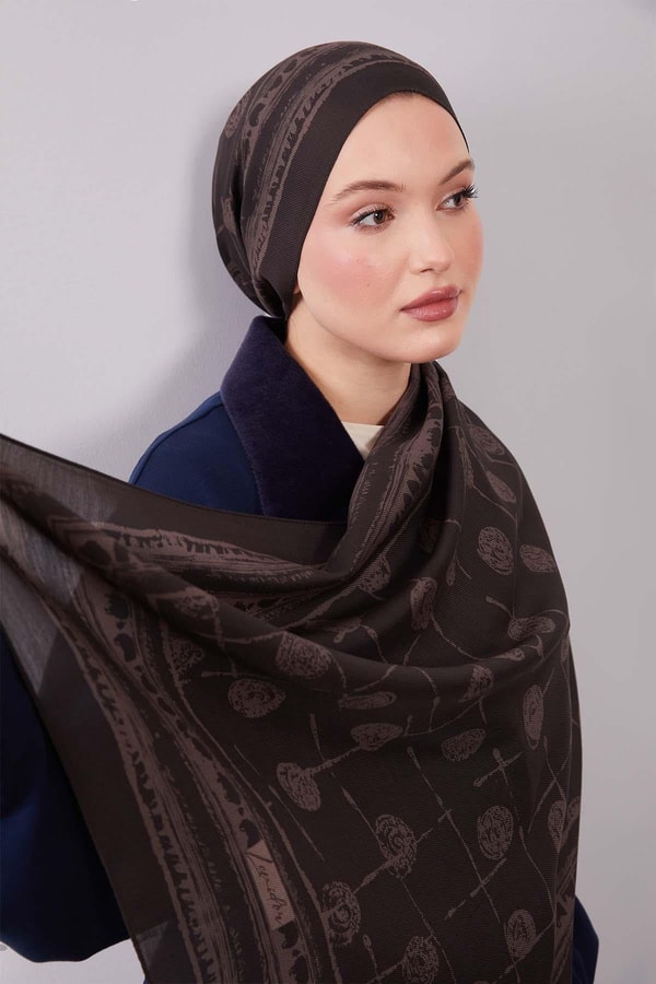 Füme Yuvarlak Desenli Yün İpek Şal