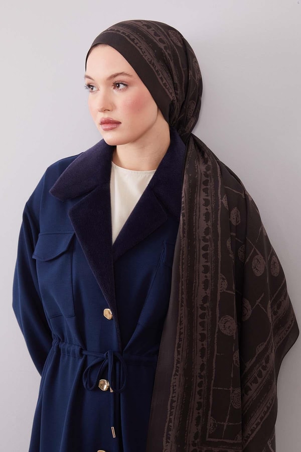 Füme Yuvarlak Desenli Yün İpek Şal