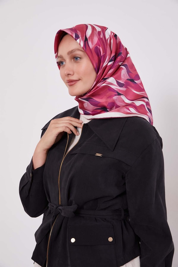 Fuşya Ebruli Desen Twill İpek Eşarp