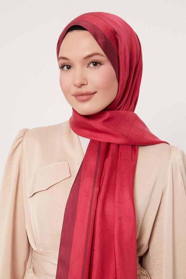 Fuşya Şerit Detay Monogram İpek Şal