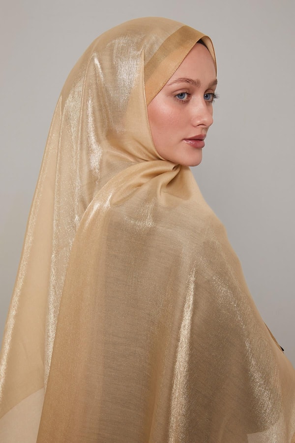 Gold Şerit Desen Kehribar Şal