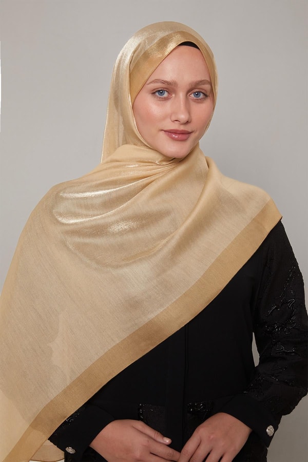 Gold Şerit Desen Kehribar Şal