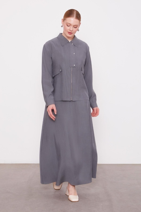 Gri Cep Detaylı Fermuarlı Etek Takım