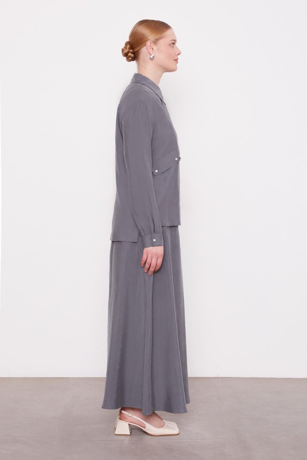 Gri Cep Detaylı Fermuarlı Etek Takım