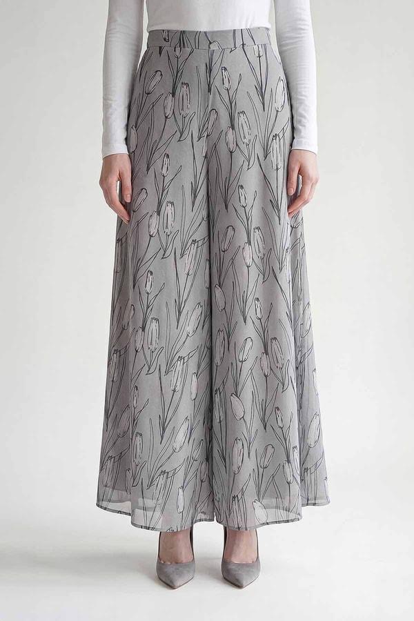 Gri Kare Desen Geniş Paça Şifon Pantolon